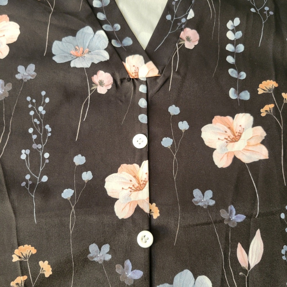 Emery Rose Floral Blouse Women 2XL Black Ruffle Cap Sleeve V-Neck Button Front - Picture 3 of 8